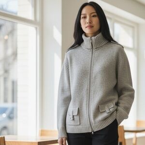 EASTSIDE WESTSIDE CLASSIC BEIGE FULL ZIP-UP LONG LAMBSWOOL CARDIGAN SIZE XL